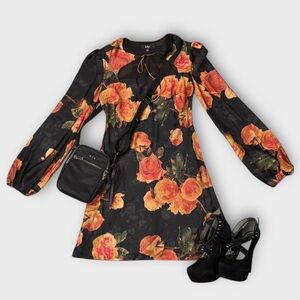 NWT Lulus Sweetie Black Floral Satin Tie-Neck Mini Dress Size Small